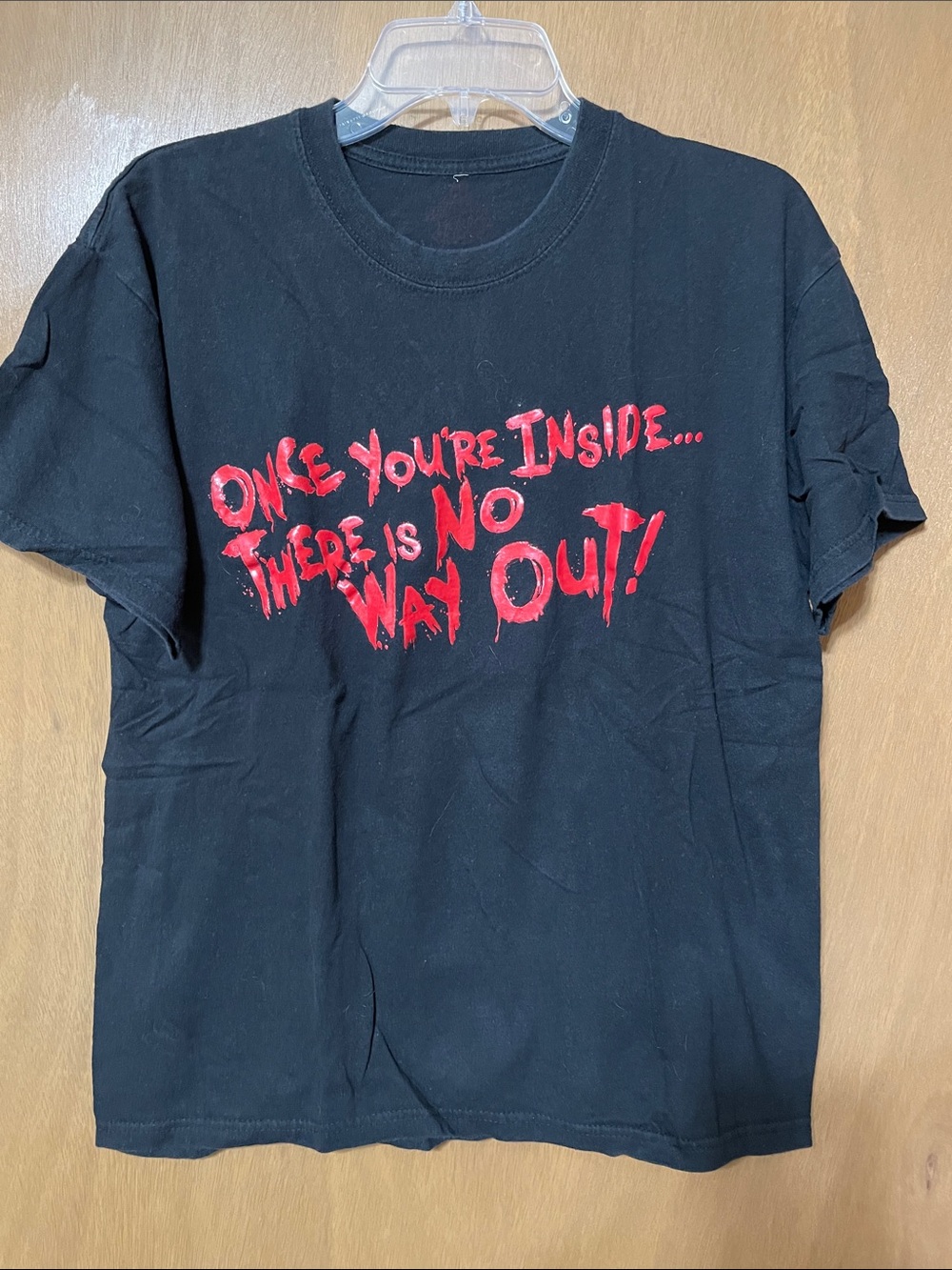Black Short Sleeve Tee with Red Horror Slogan - Unbranded